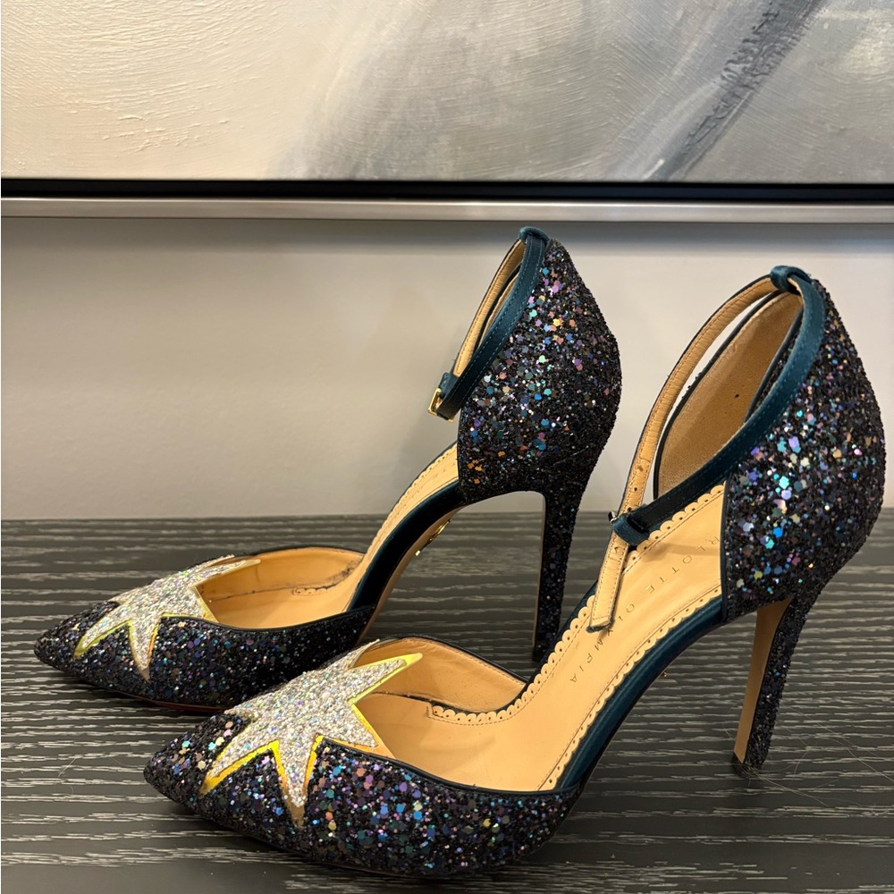 Charlotte Olympia Black Glitter Star Heels